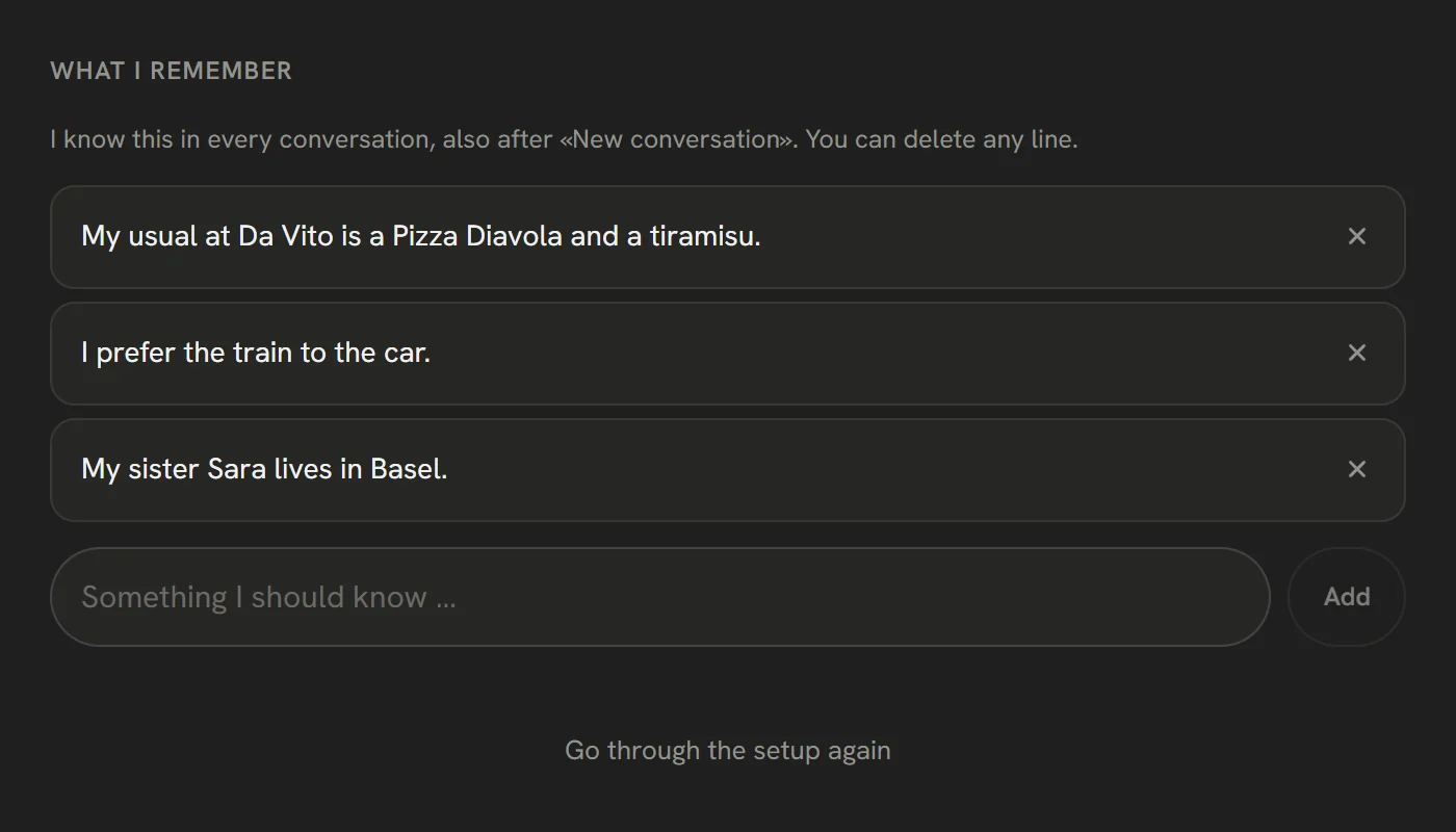 What Alva remembers, under About you: three facts in the first person, each with a button to delete it.