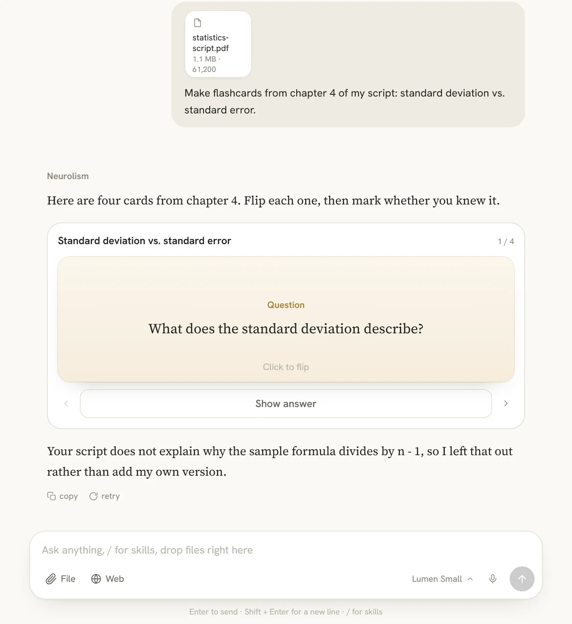 Flashcards made from a statistics script, shown as a card to flip inside the chat.