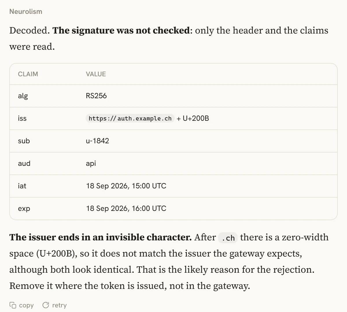 Ein JWT, in seine Claims dekodiert, mit dem Hinweis auf die ungeprüfte Signatur und einem unsichtbaren Zeichen im Issuer.