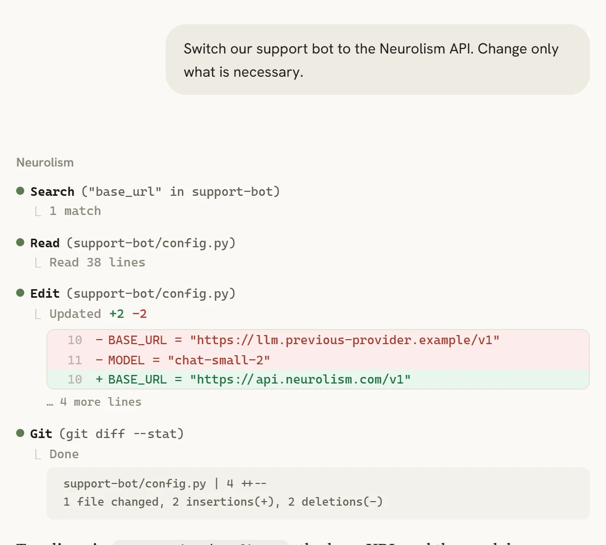 Ein Support-Bot, umgezogen auf die Neurolism-API: eine Änderung an Basis-URL und Modellname, sonst nichts.