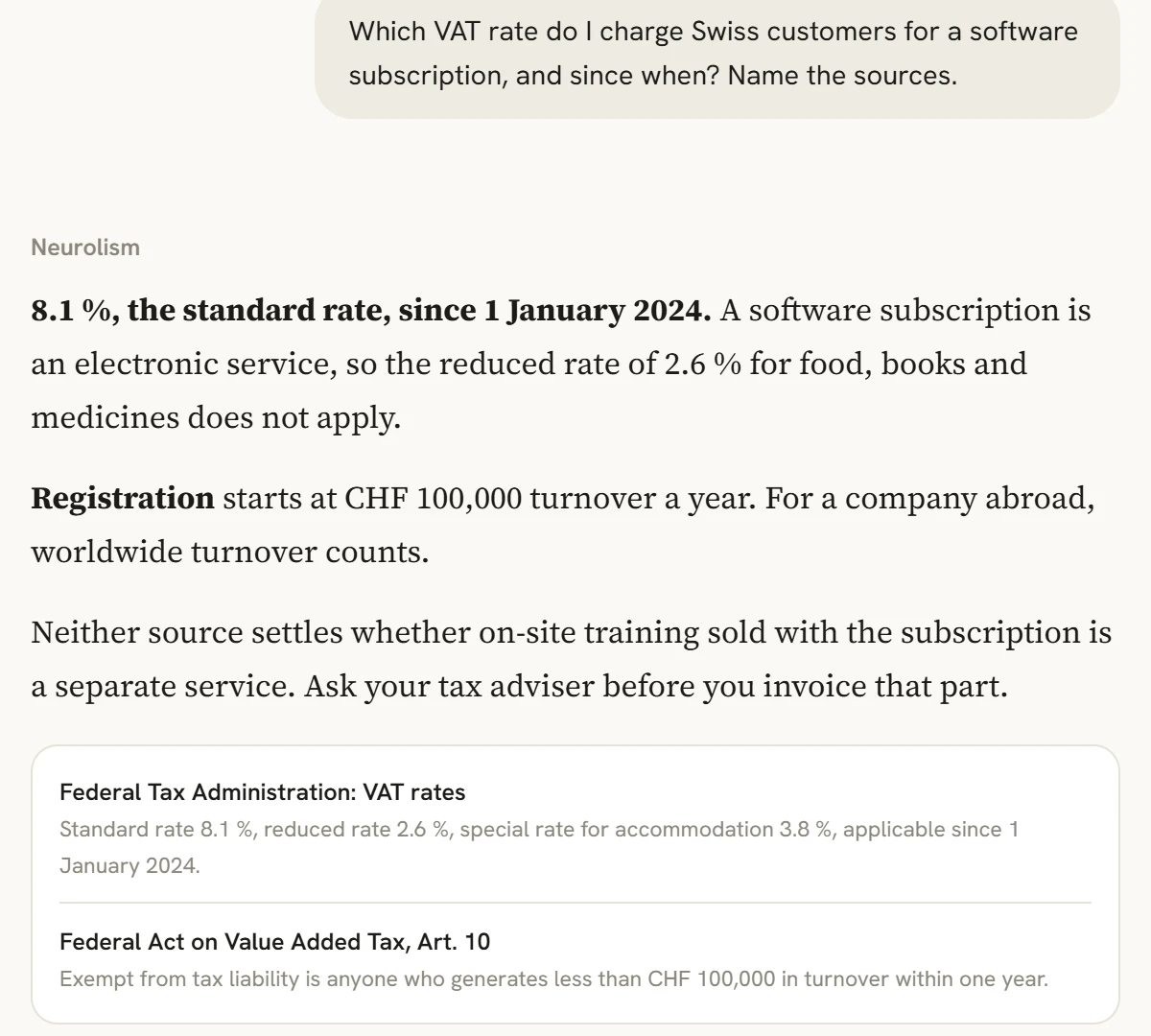 Der Schweizer Mehrwertsteuersatz für ein Software-Abo, beantwortet mit zwei genannten Quellen und dem Punkt, den keine von beiden klärt.