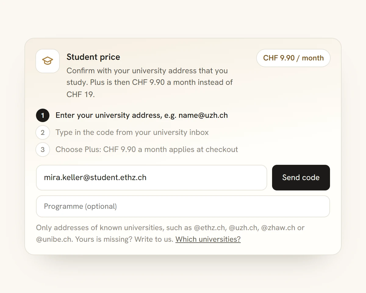 La carte « Tarif étudiant » dans les paramètres de Neurolism : trois étapes, un champ pour l'e-mail universitaire et un bouton pour envoyer le code.